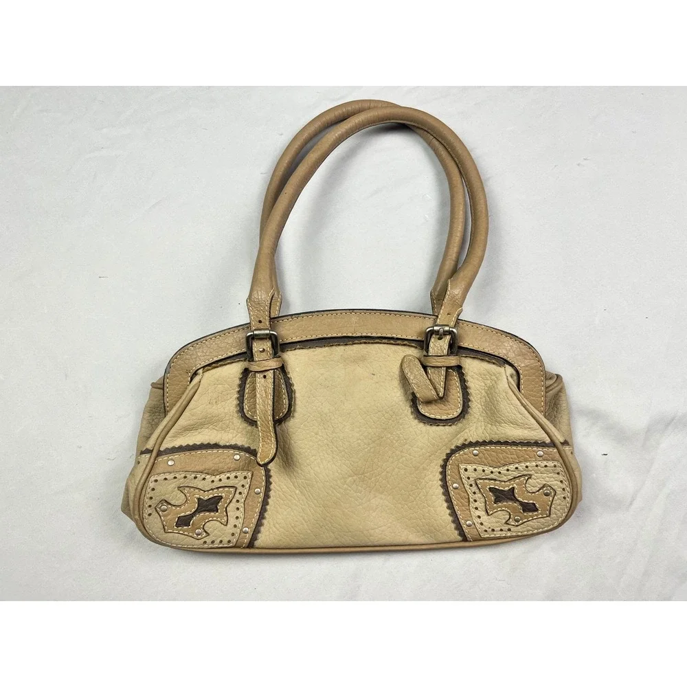 American West Tan Leather Western Satchel Handbag Studded Contrast Stitching